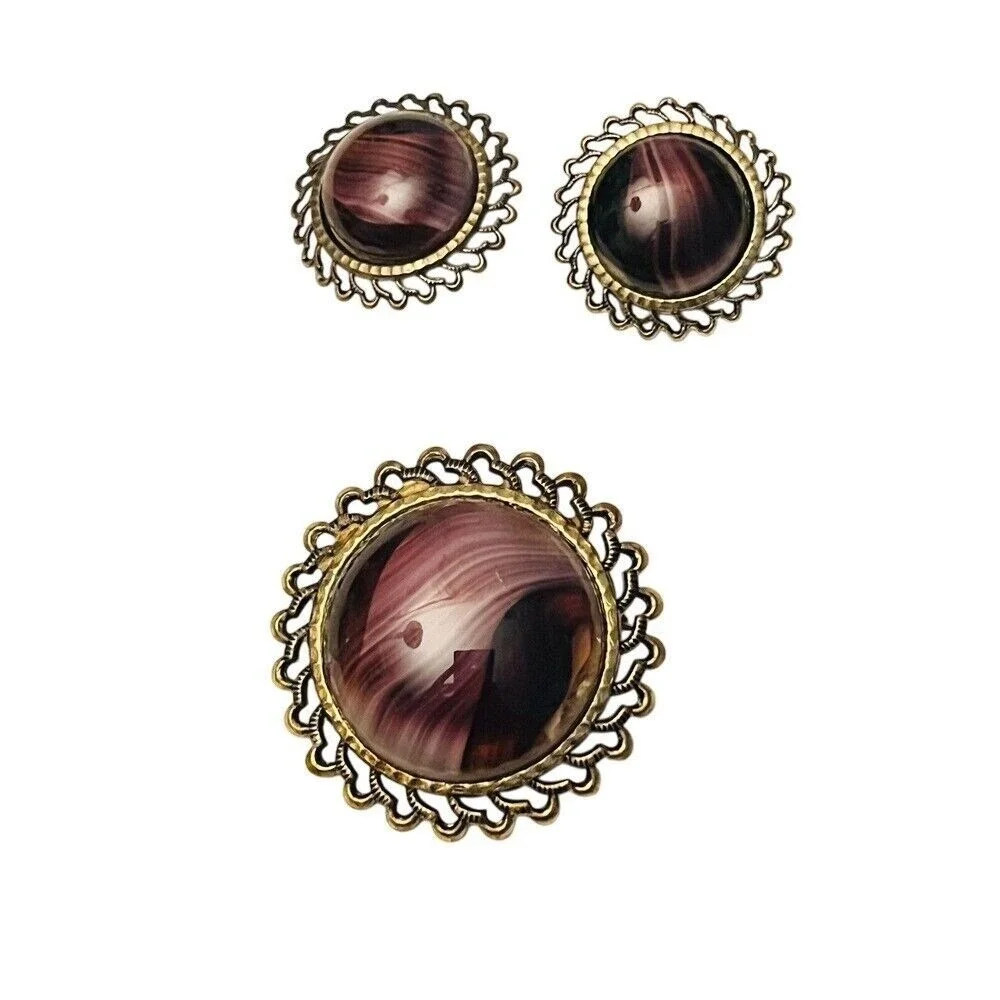 VTG west Germany Pin Brooch matching set earrings Mogul purple glass cabochon‎